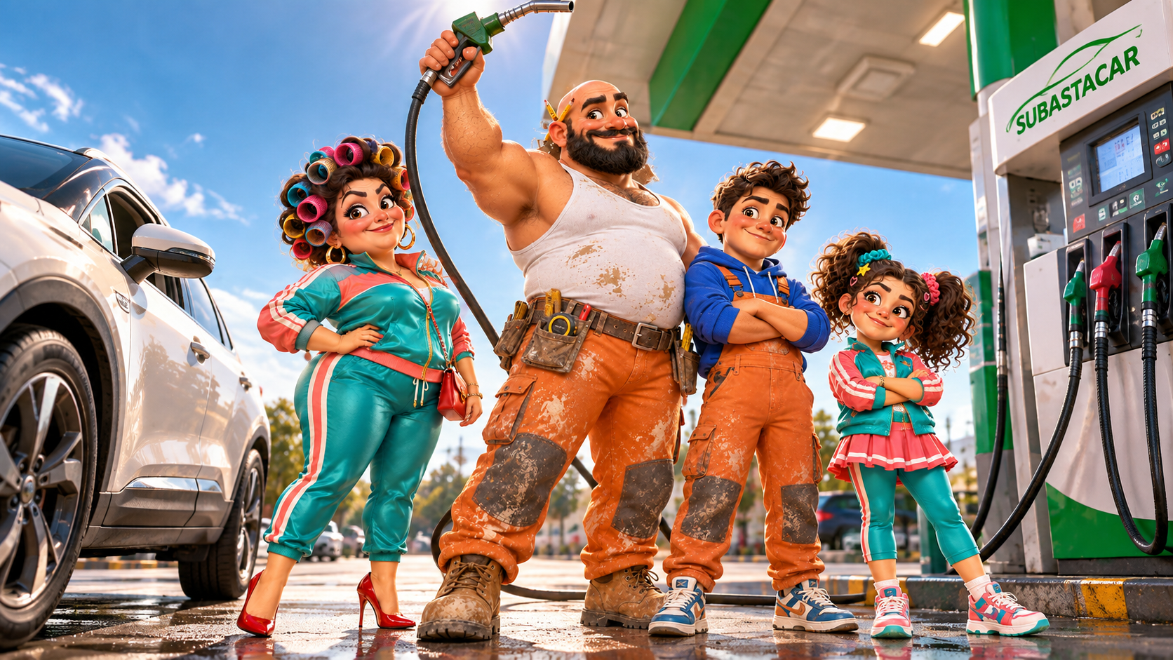 Familia Subastacar en gasolinera